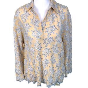Soft Surroundings Women's Med Top Blue Cream Floral Lace Long Sleeve